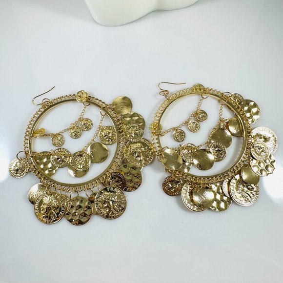 Giant gold Tone Gypsy Hoop earrings covered in gold coin charms - Picture 4 of 6